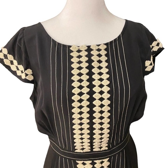 Anthro Plenty Tracy Reese Silk Fit Flare Mini Dress Short Sleeve Black 4 - Picture 5 of 11